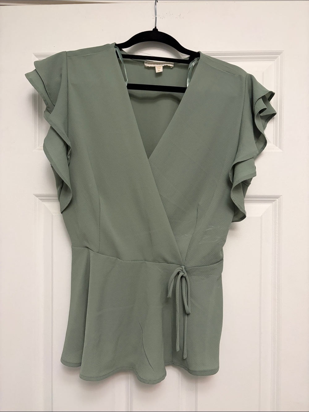 Ruffle-Sleeve Wrap Blouse in Sage Green